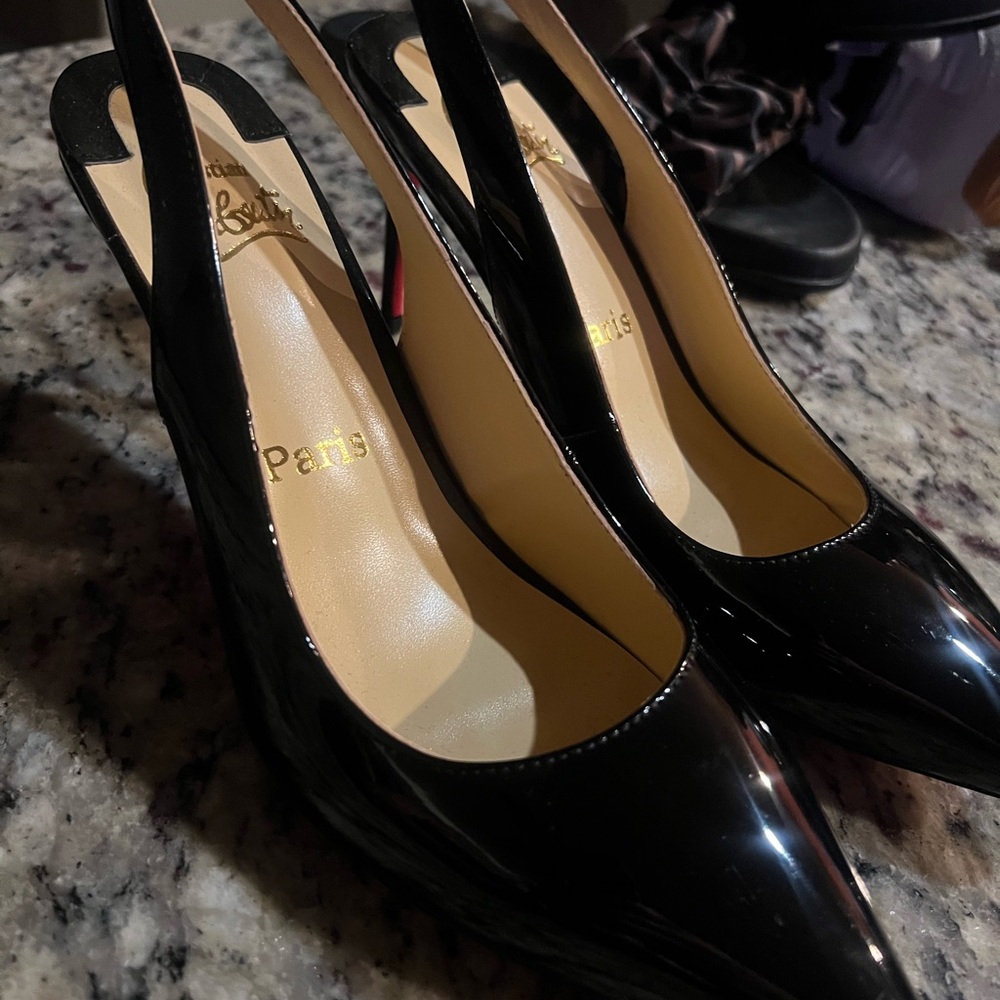 Black Patent Slingback Pumps with Red Soles